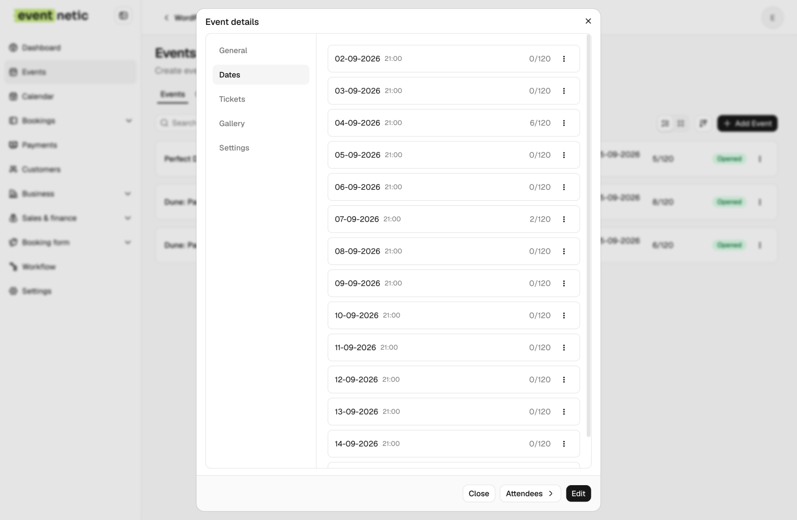 The Dates tab of the evening showing, listing fourteen dates from 2 September to 15 September