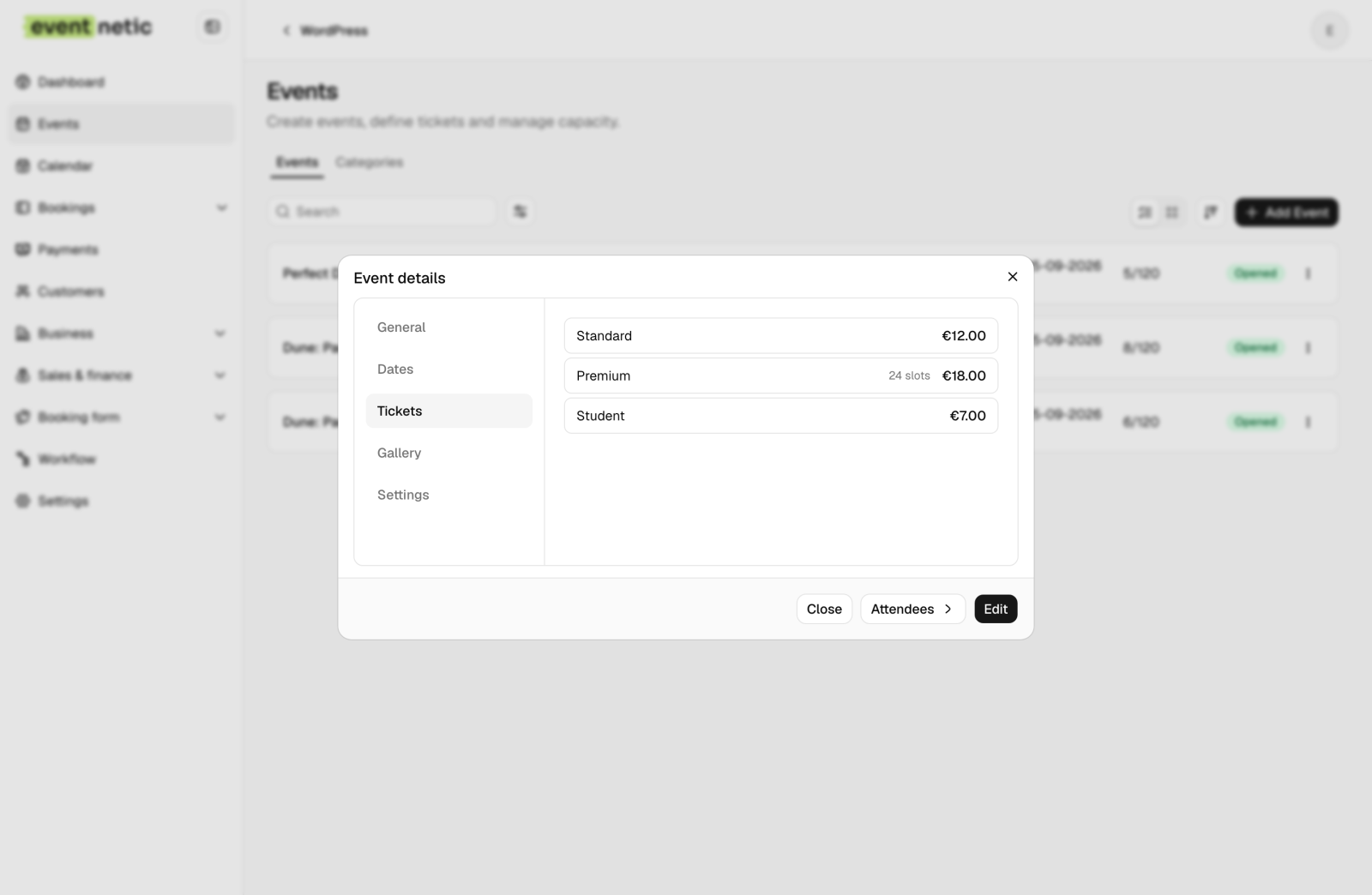 The Tickets tab showing Standard at €12, Premium at €18 with 24 slots, and Student at €7