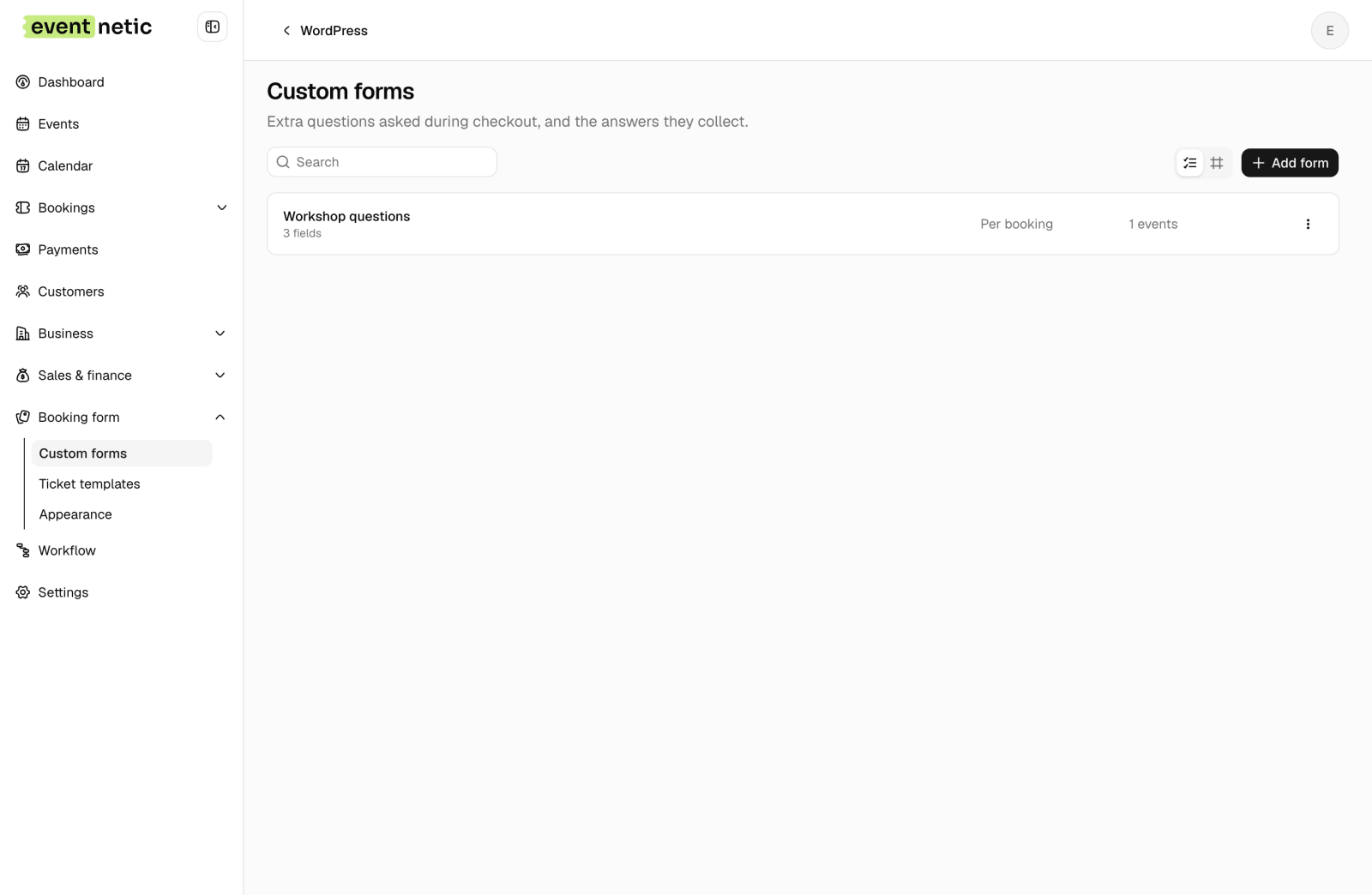The Custom forms screen showing a Workshop questions form with three fields, attached per booking to one event