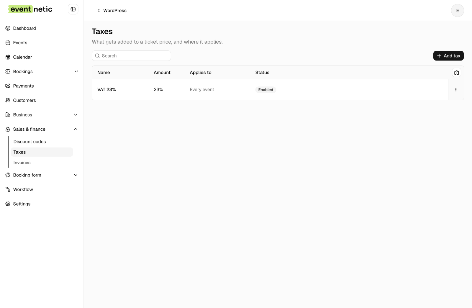 The Taxes screen with a single rule: VAT 23%, applying to every event, enabled