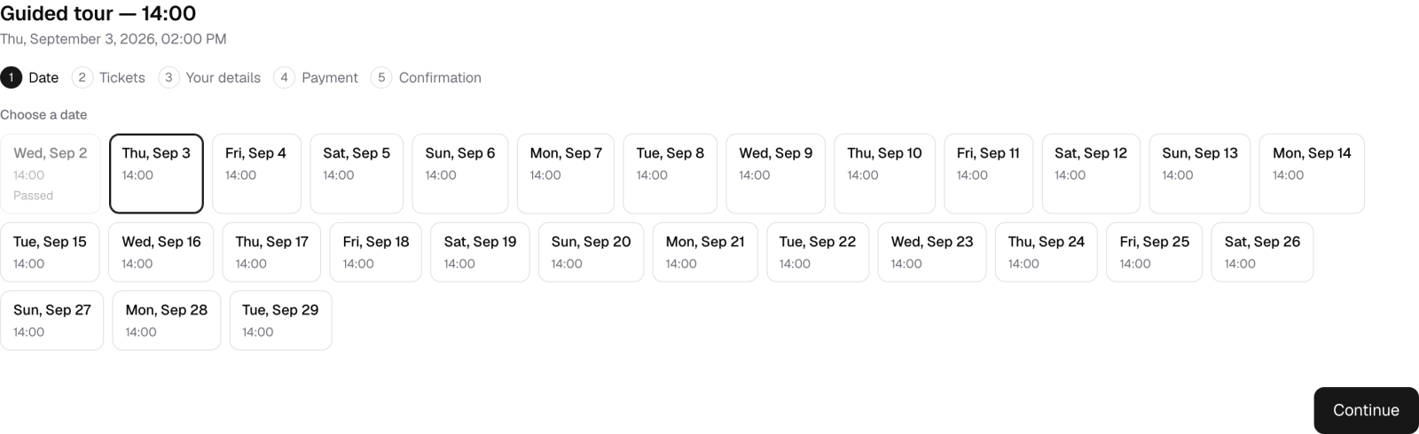 The public booking page for the 14:00 tour, listing four weeks of dates