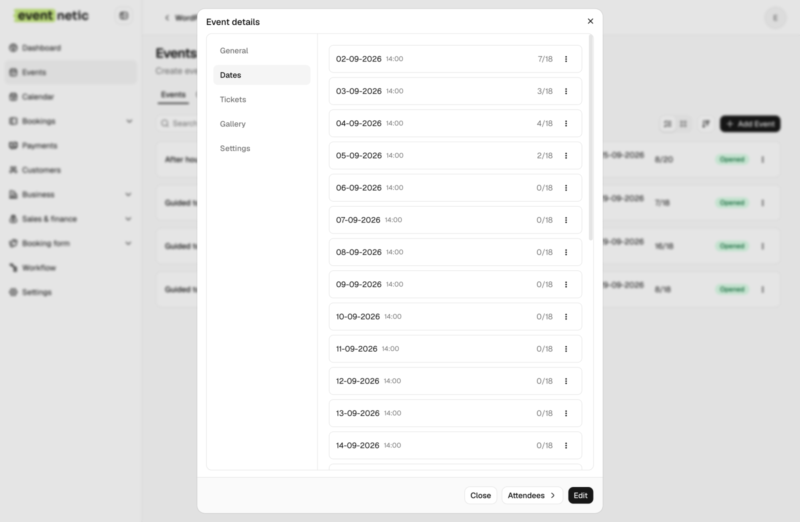 The Dates tab of the 14:00 tour, listing four weeks of daily dates, each with its own count out of eighteen
