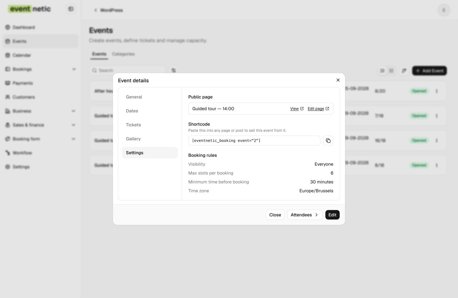The Settings tab: max slots per booking 6, minimum time before booking 30 minutes, time zone Europe/Brussels, and the shortcode for the booking page