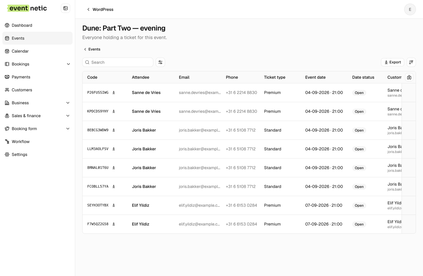 The attendee list in the admin: ticket codes, names, email addresses, phone numbers, ticket types and dates, with an export button