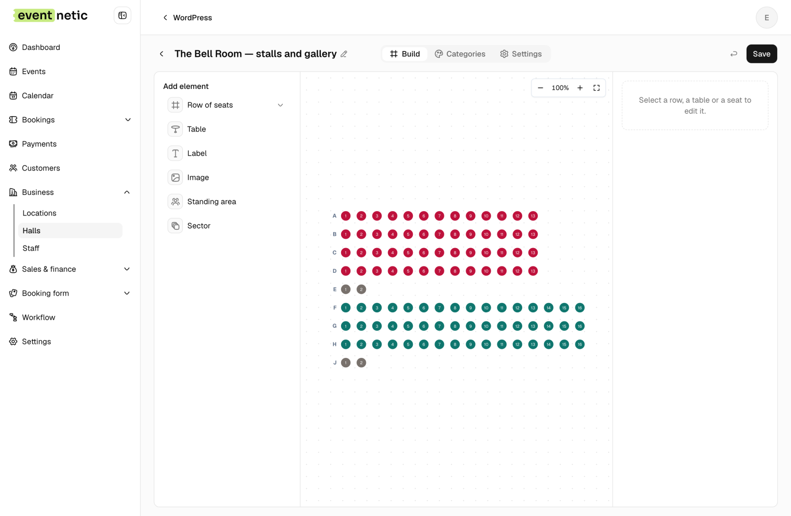 The hall editor showing the Bell Room laid out, with a palette for adding rows of seats, tables, labels, images, standing areas and sectors
