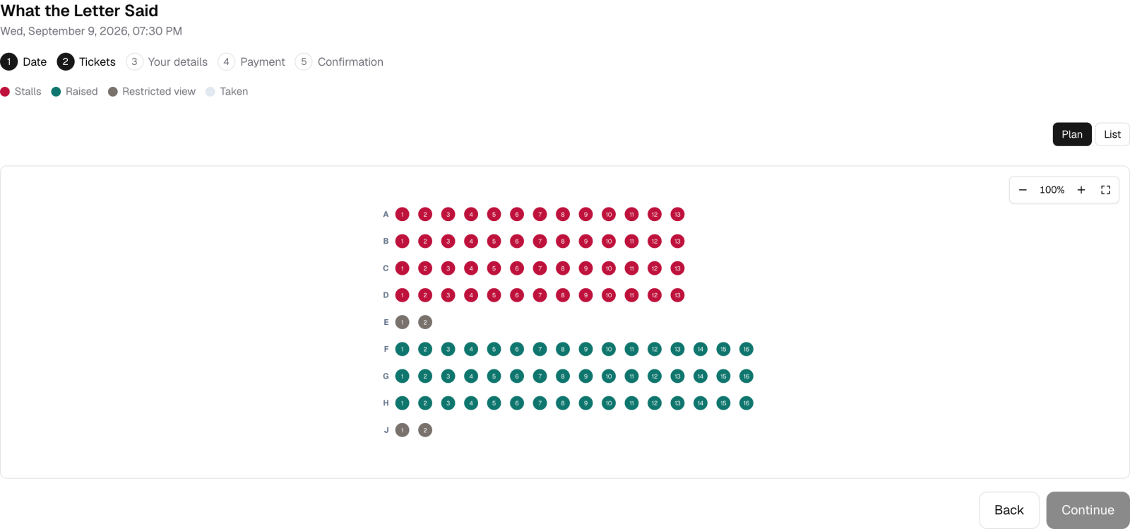 The public seat picker: rows A to D in red for stalls, F to H in teal for raised, E and J in grey for restricted view, with a colour key above the plan