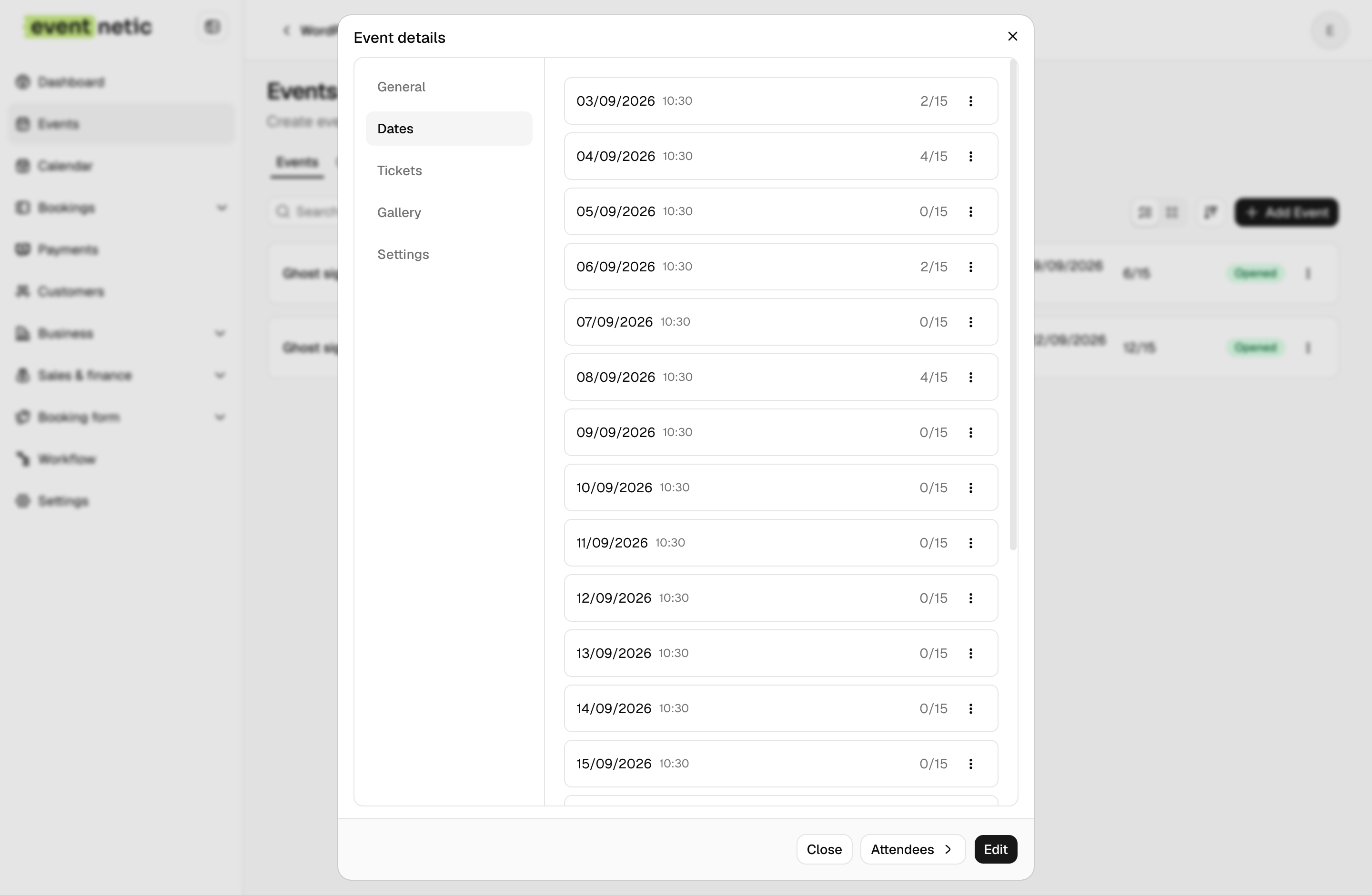 The Dates tab listing twenty consecutive mornings at 10:30, with counters reading 2 of 15, 4 of 15, 0 of 15, 2 of 15, 0 of 15, 4 of 15 and then a long run of zeroes