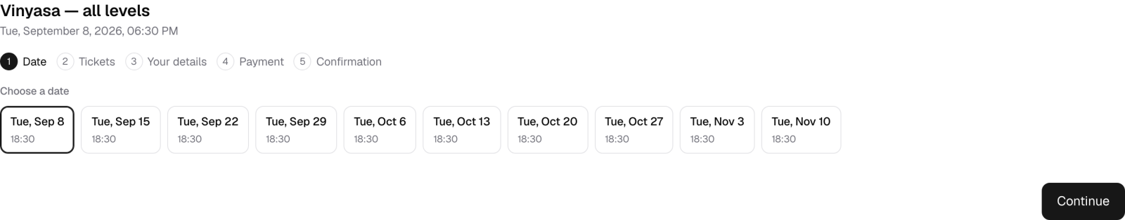 The public booking page for the vinyasa class, listing the ten Tuesday dates of the term