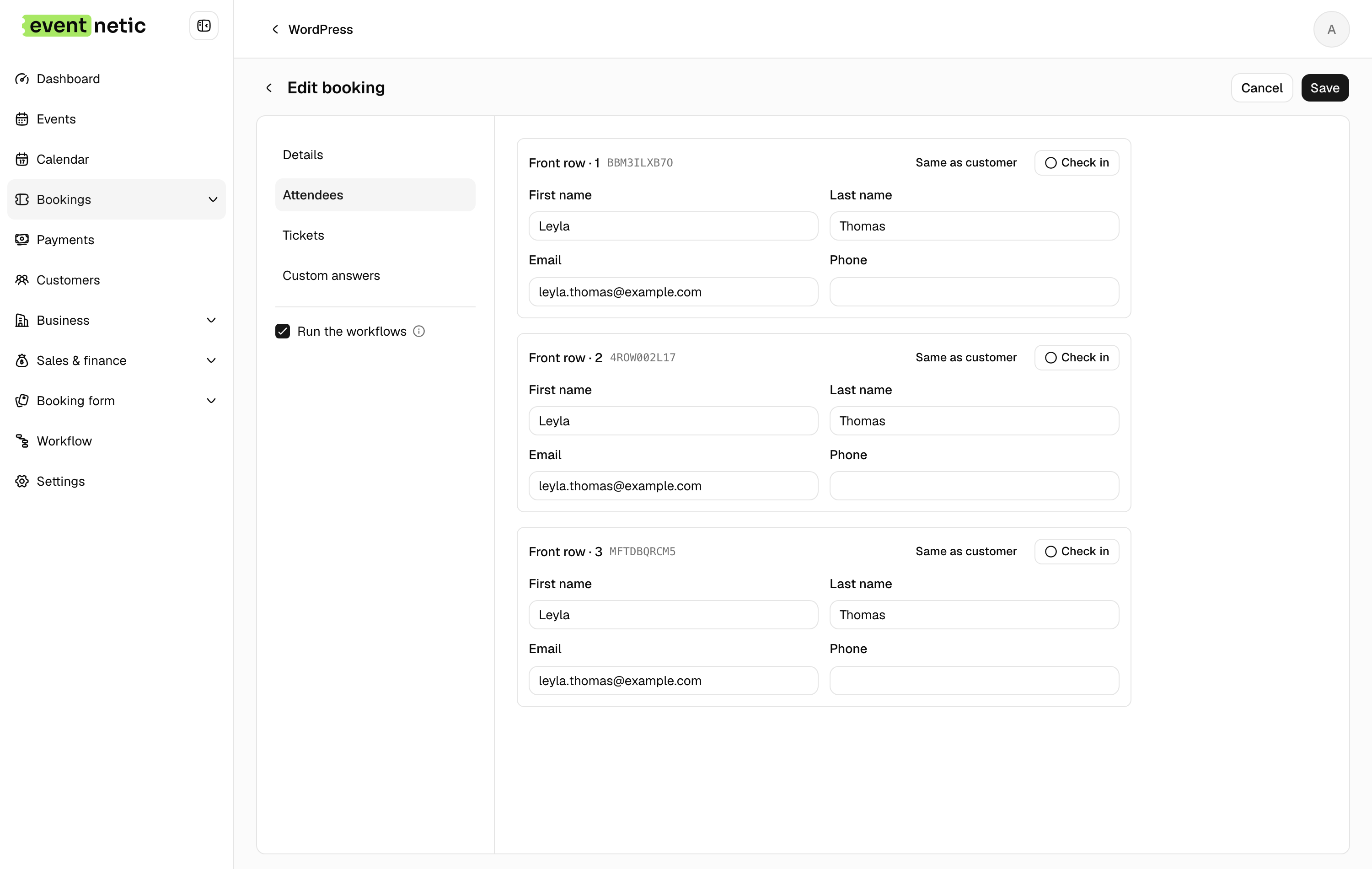 The Attendees tab of a booking