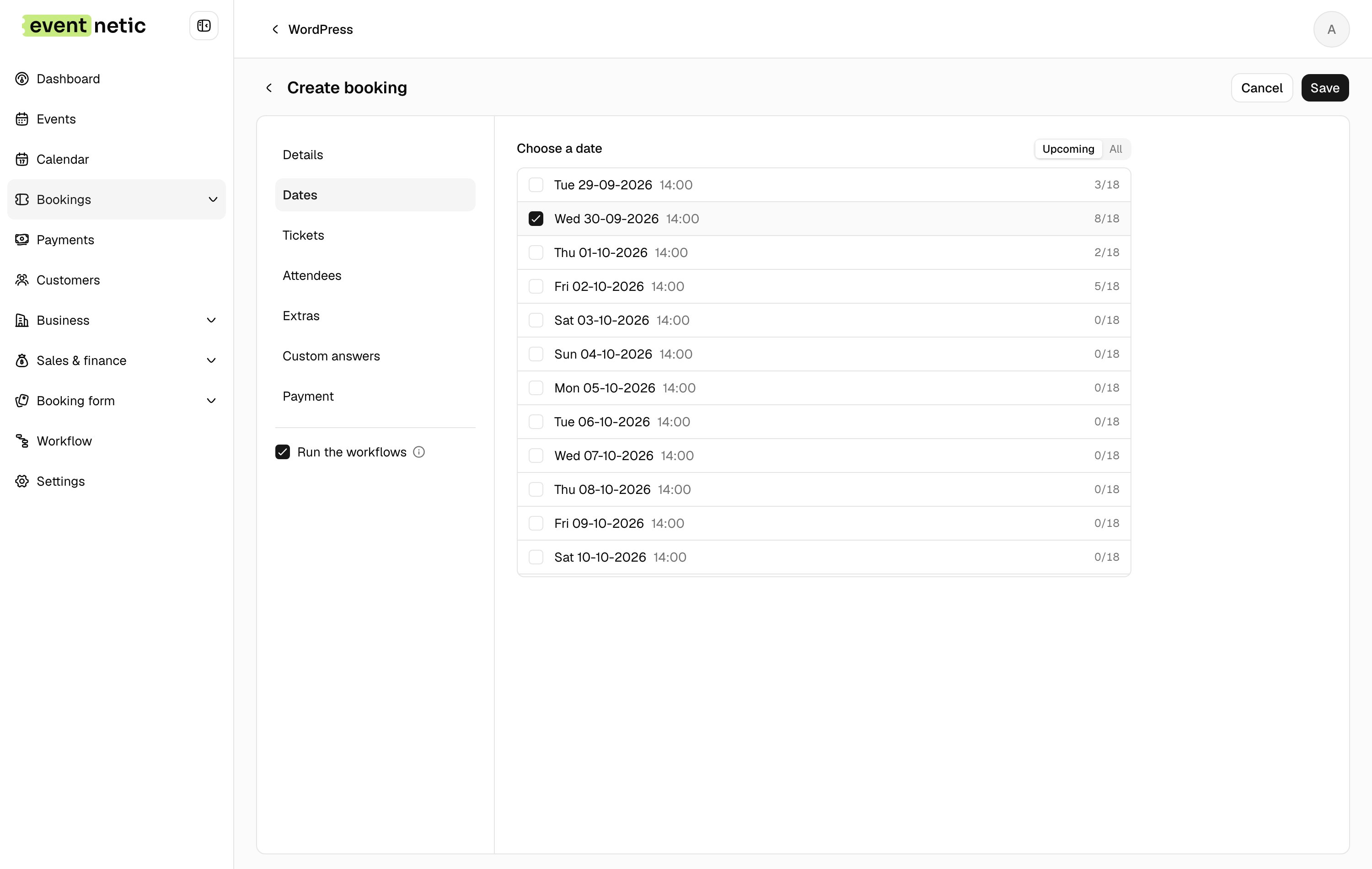 The Dates tab: pick the date, and see what is left on it