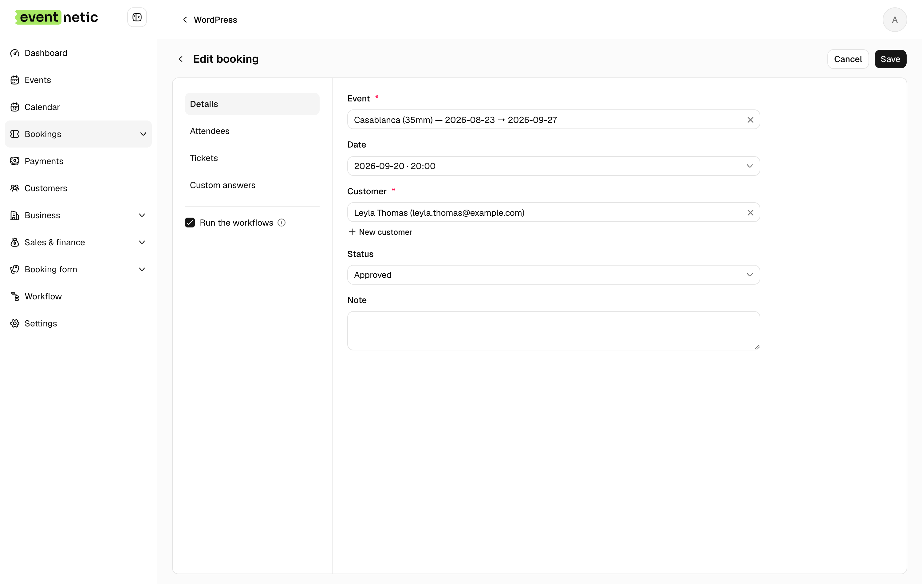 The booking editor