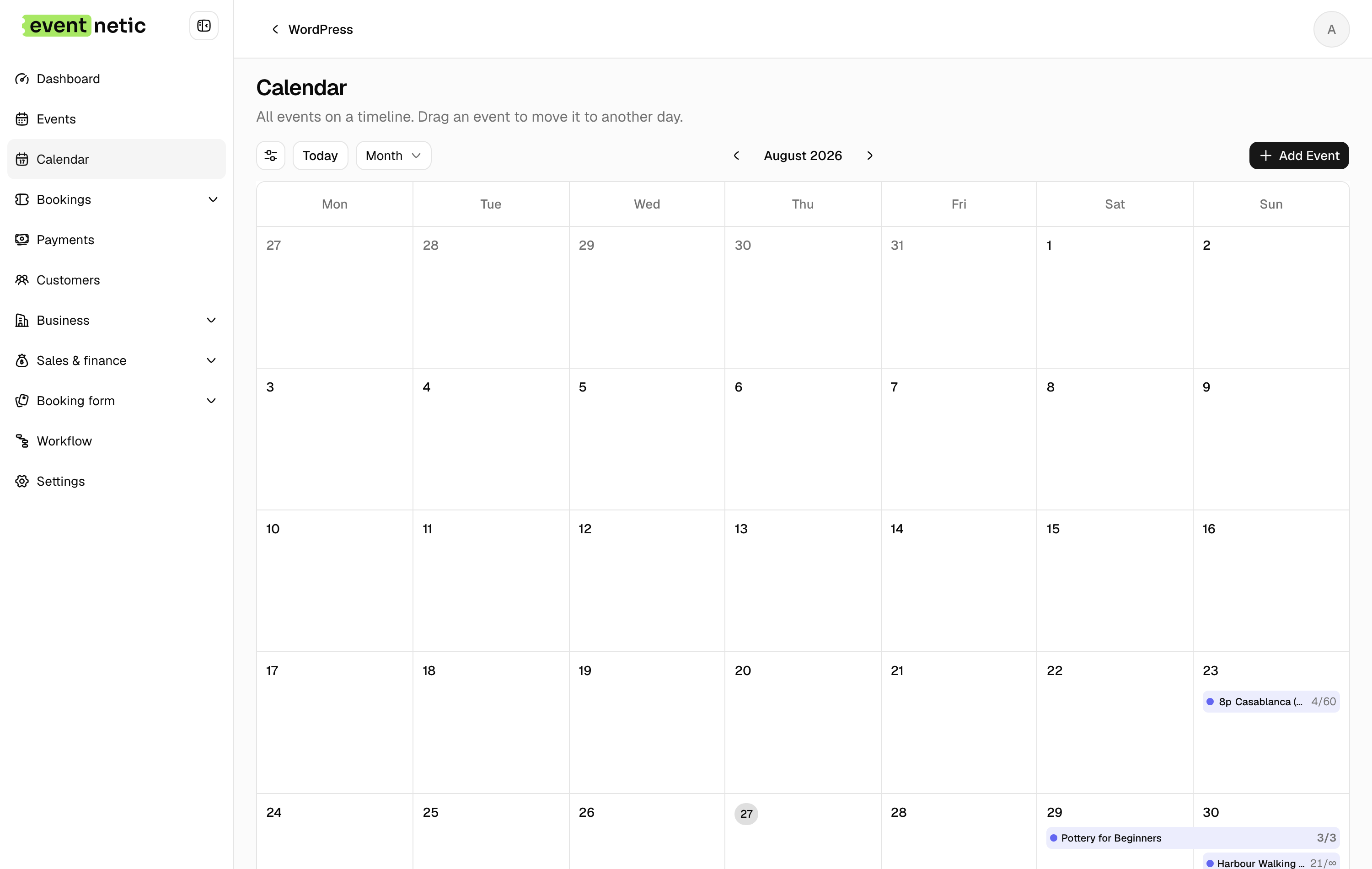 Eventnetic admin calendar showing scheduled events across a month