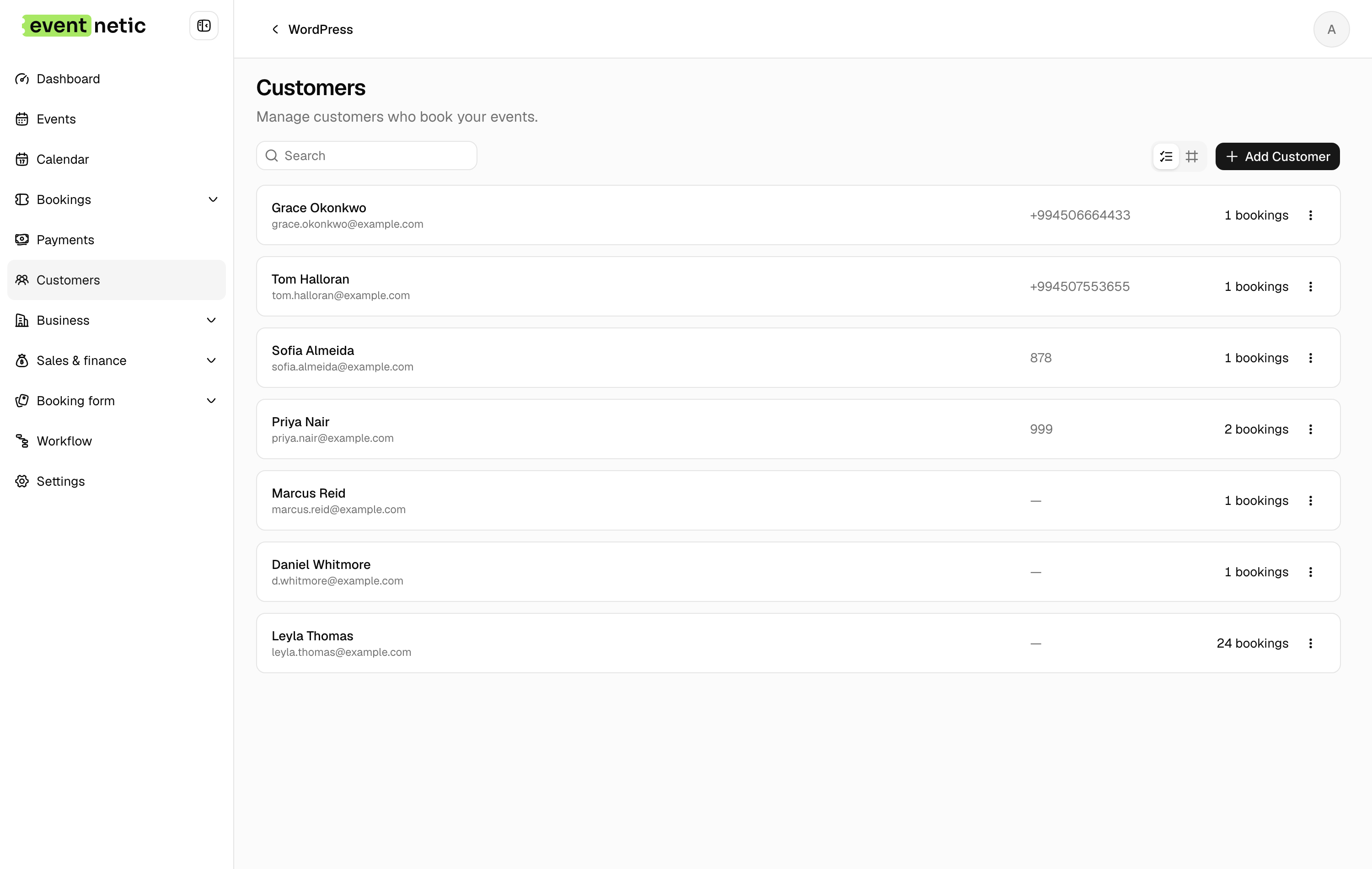 Customer records in the Eventnetic admin