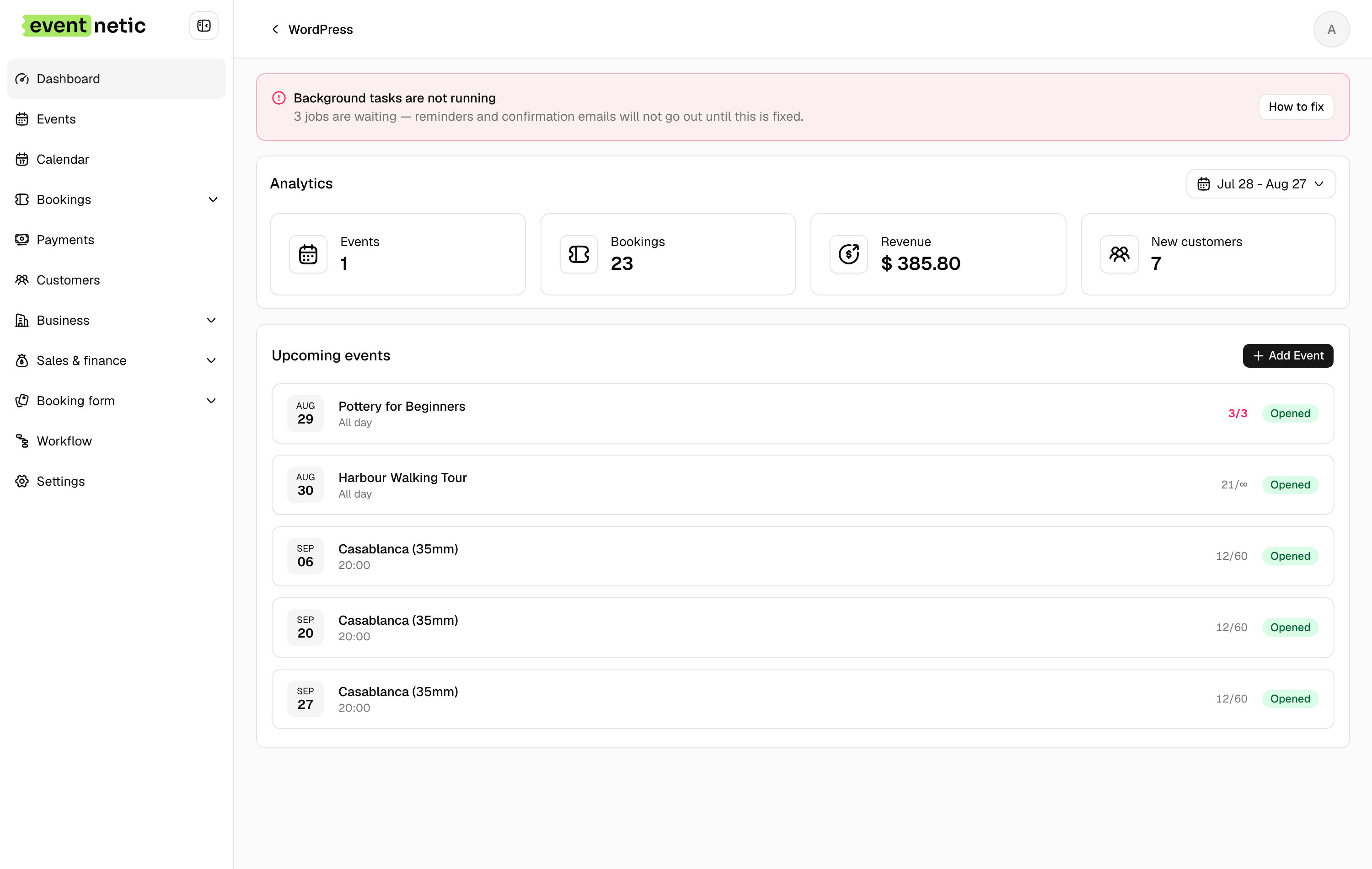 Dashboard in the Eventnetic admin
