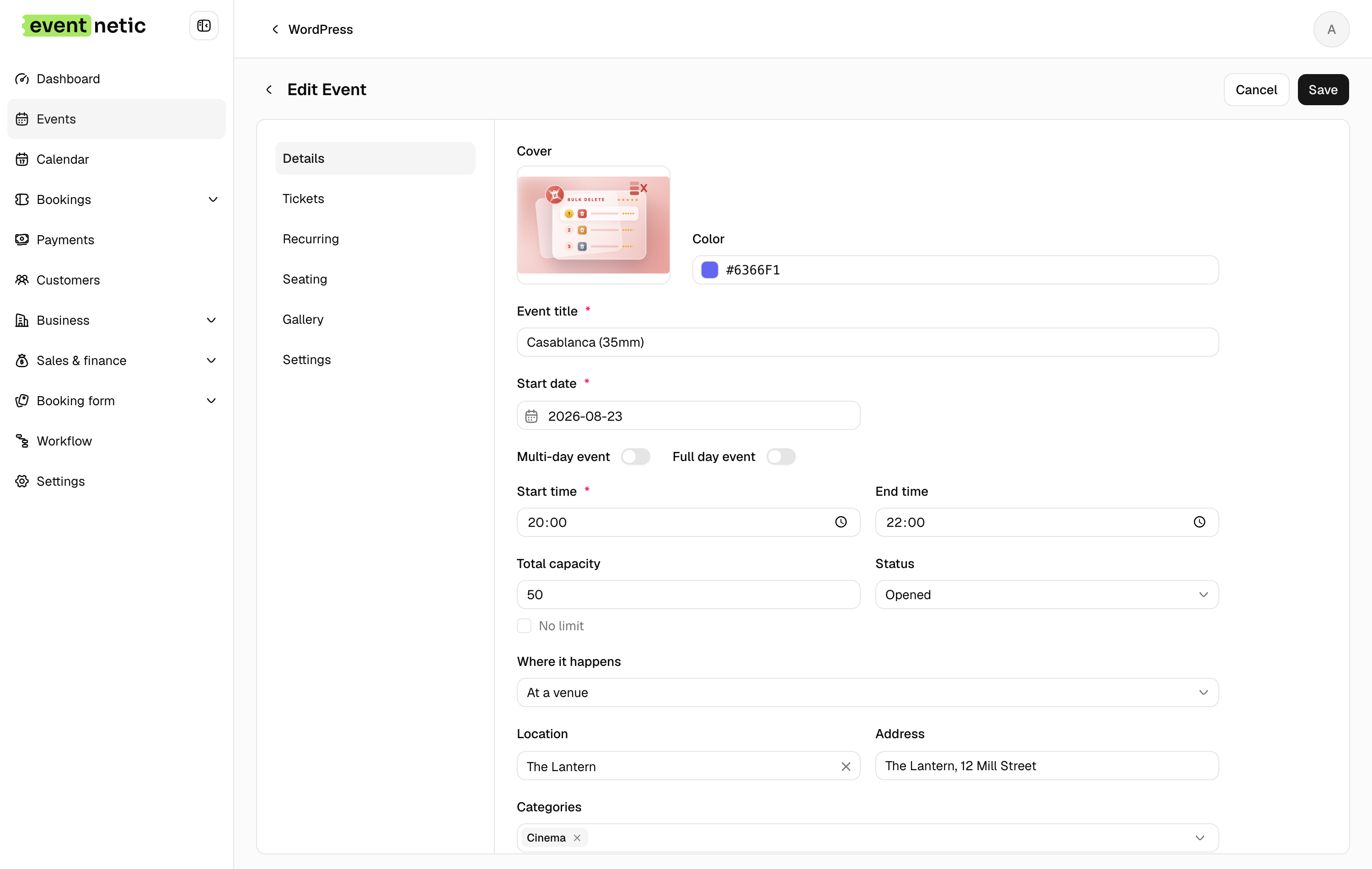 The Details tab of the event editor