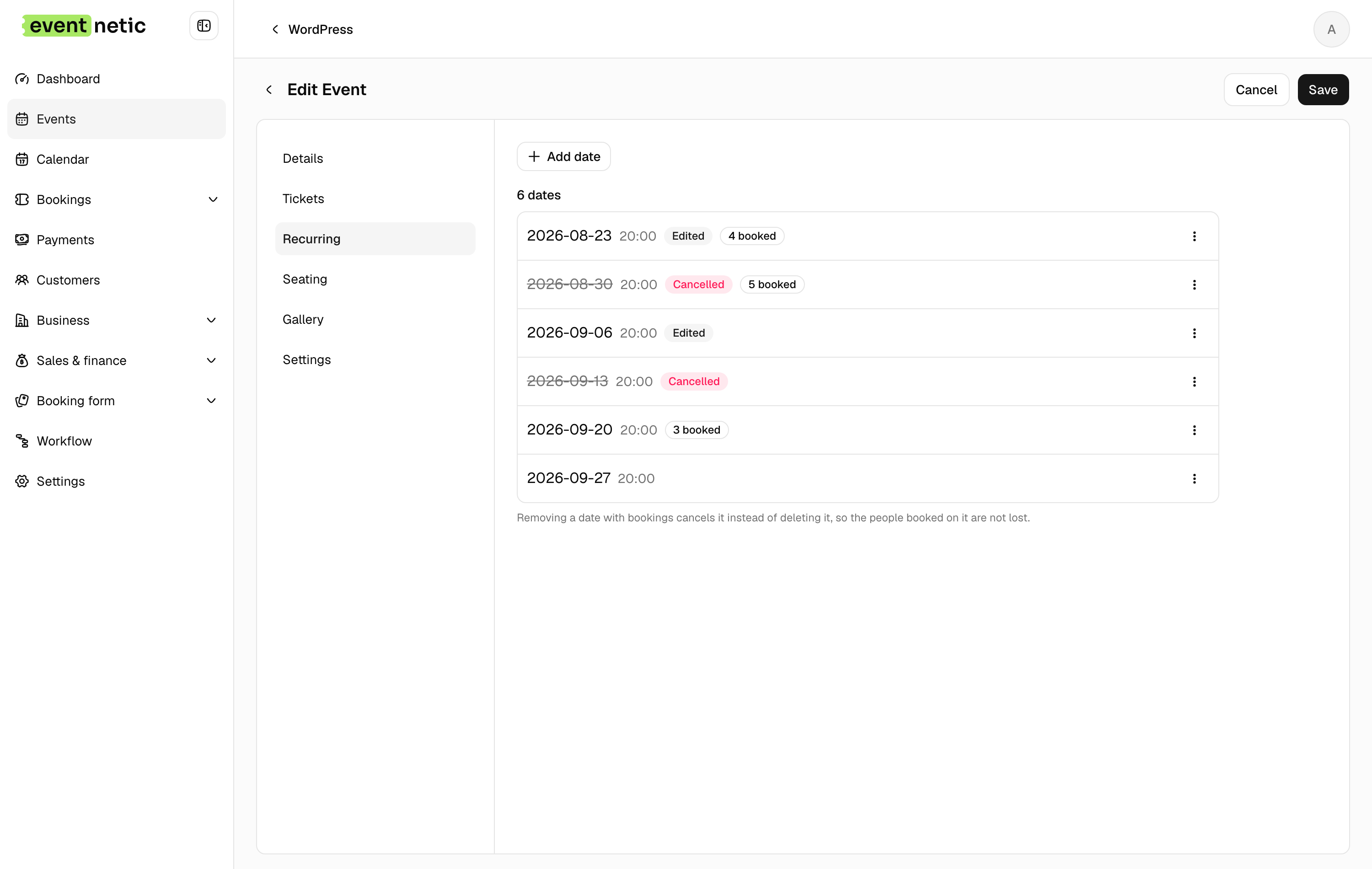 Recurring dates in the Eventnetic admin