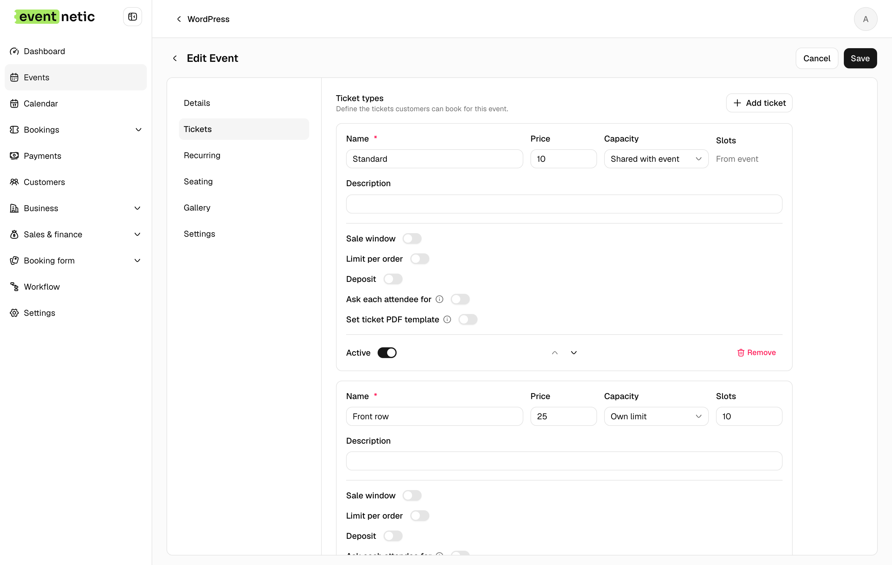 Ticket types in the Eventnetic admin