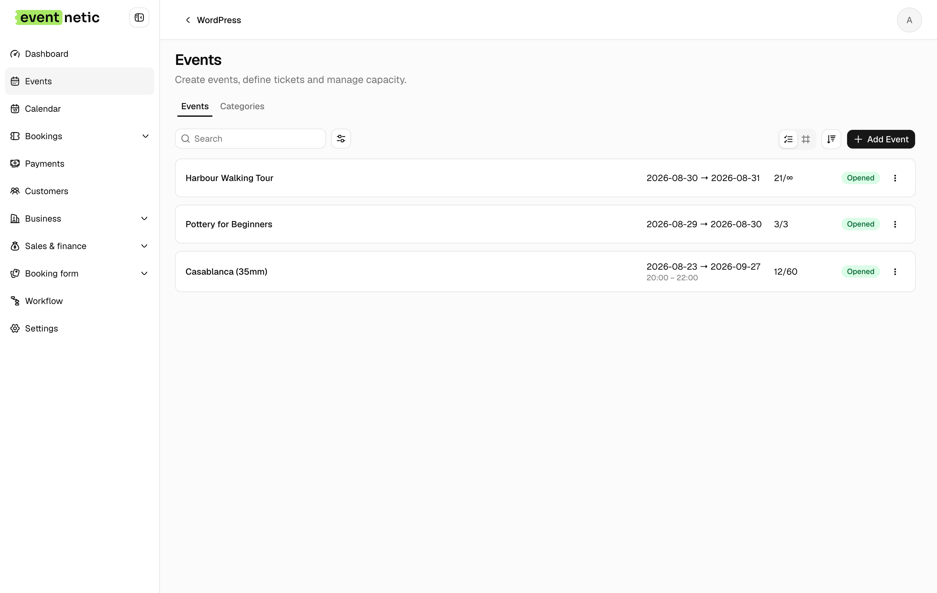 The events list