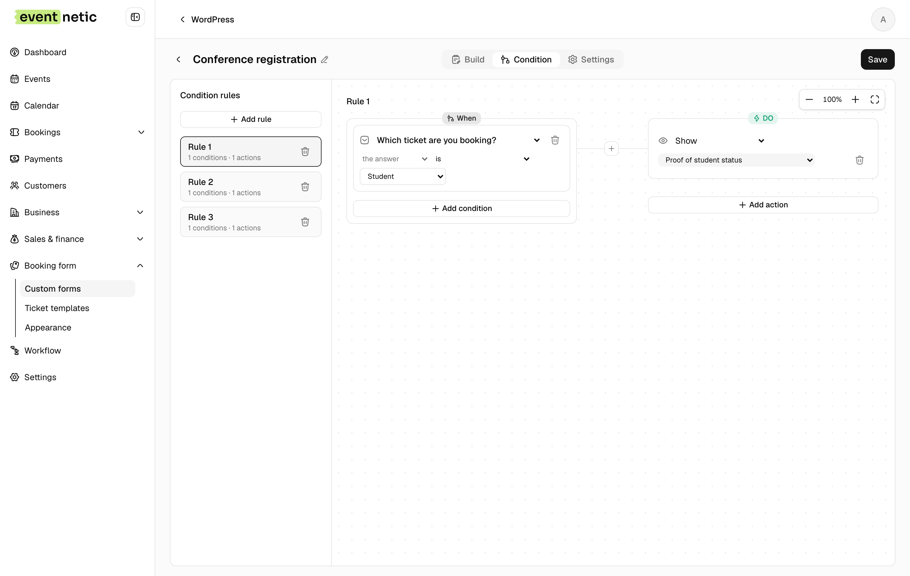 A rule on the canvas: when the ticket is Student, show the proof-of-status upload.