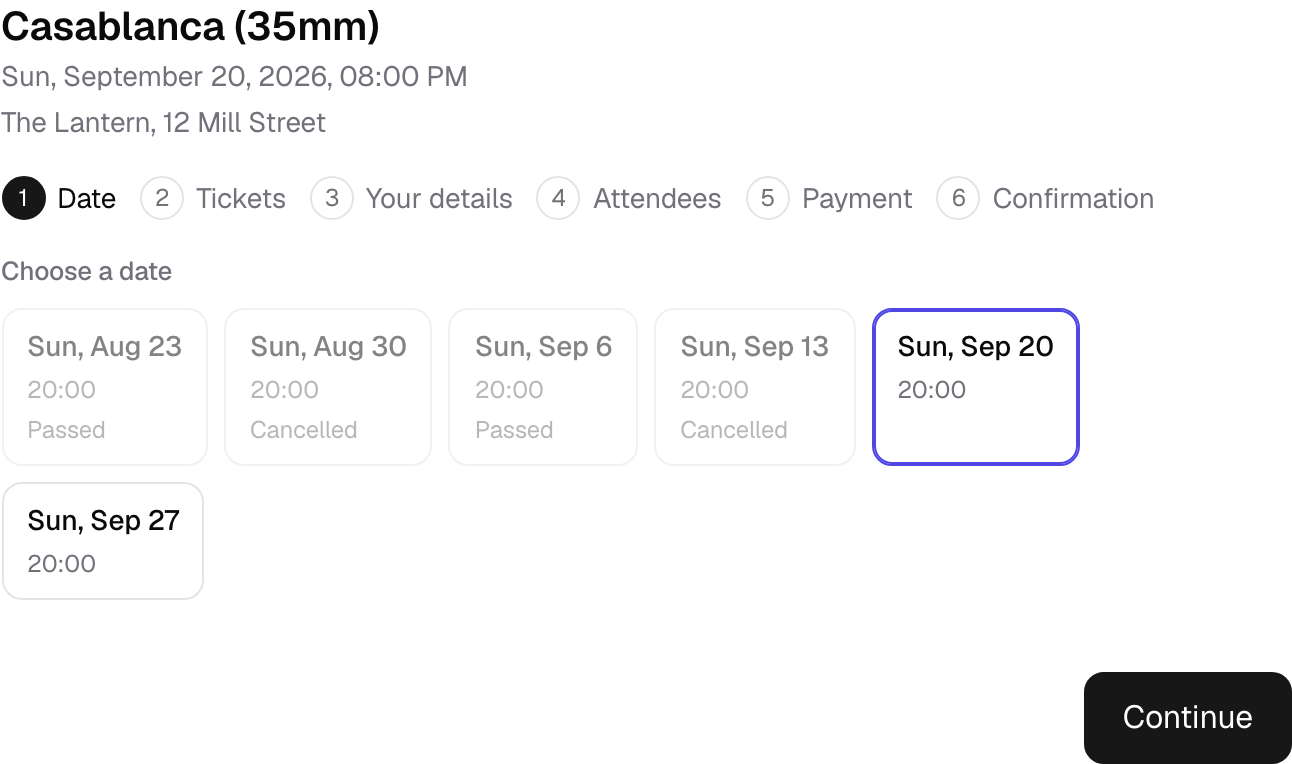 How the series looks to a customer: passed and cancelled dates cannot be picked.