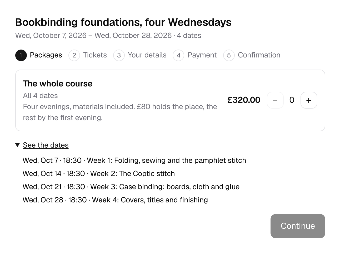 A course sold as a whole: the package first, with its sessions listed underneath.