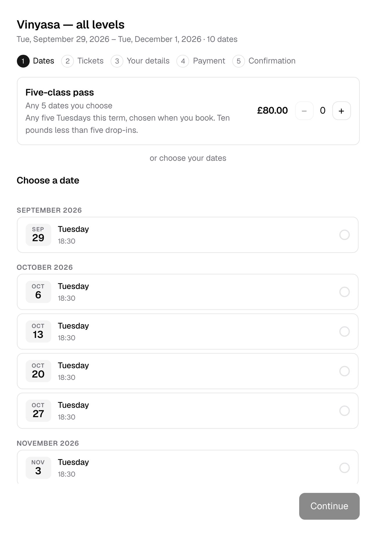 A class pass offered above the dates: any five Tuesdays, chosen when booking.