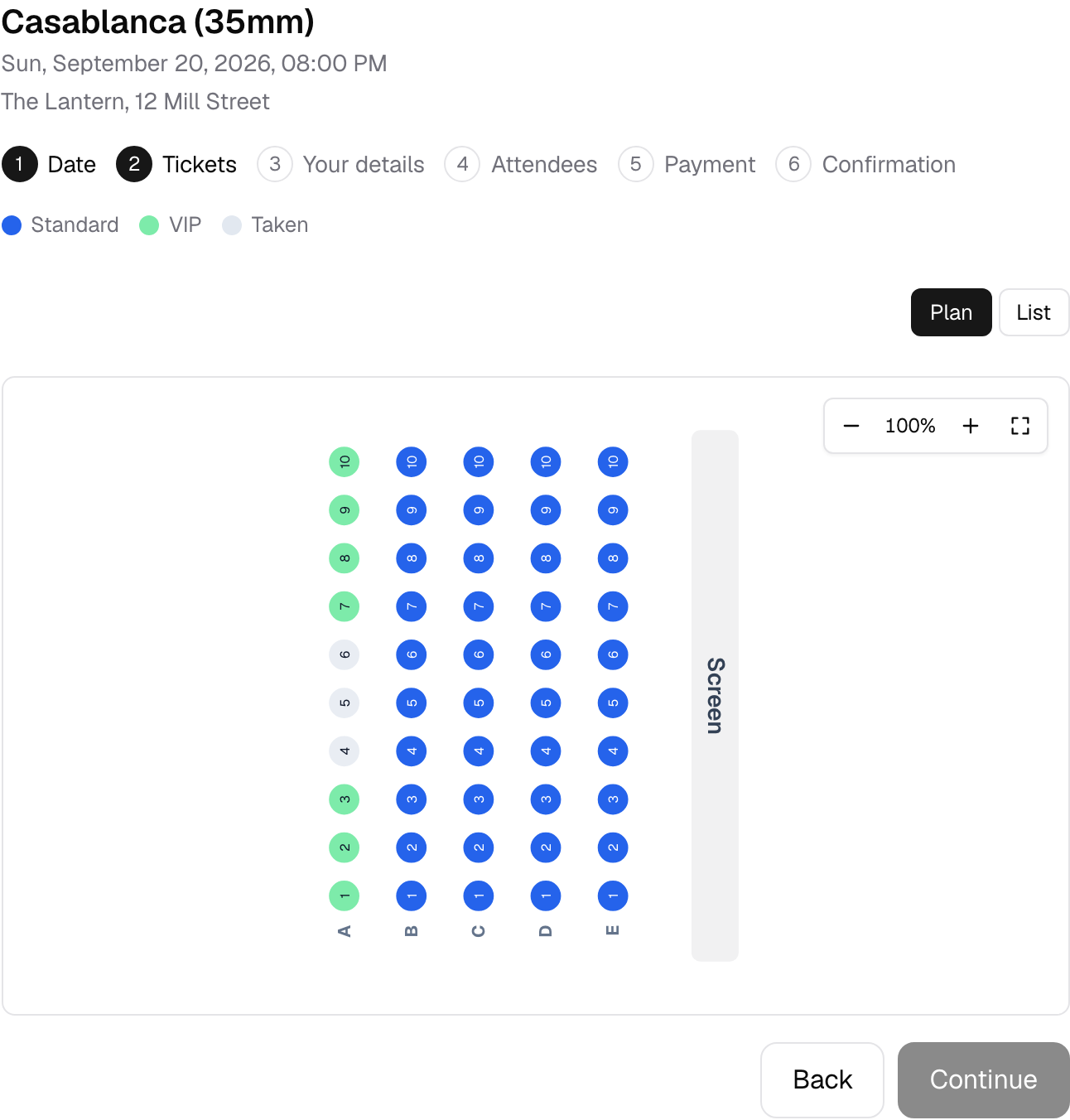 The same hall from the buyer&rsquo;s side: categories in colour, taken seats greyed out.