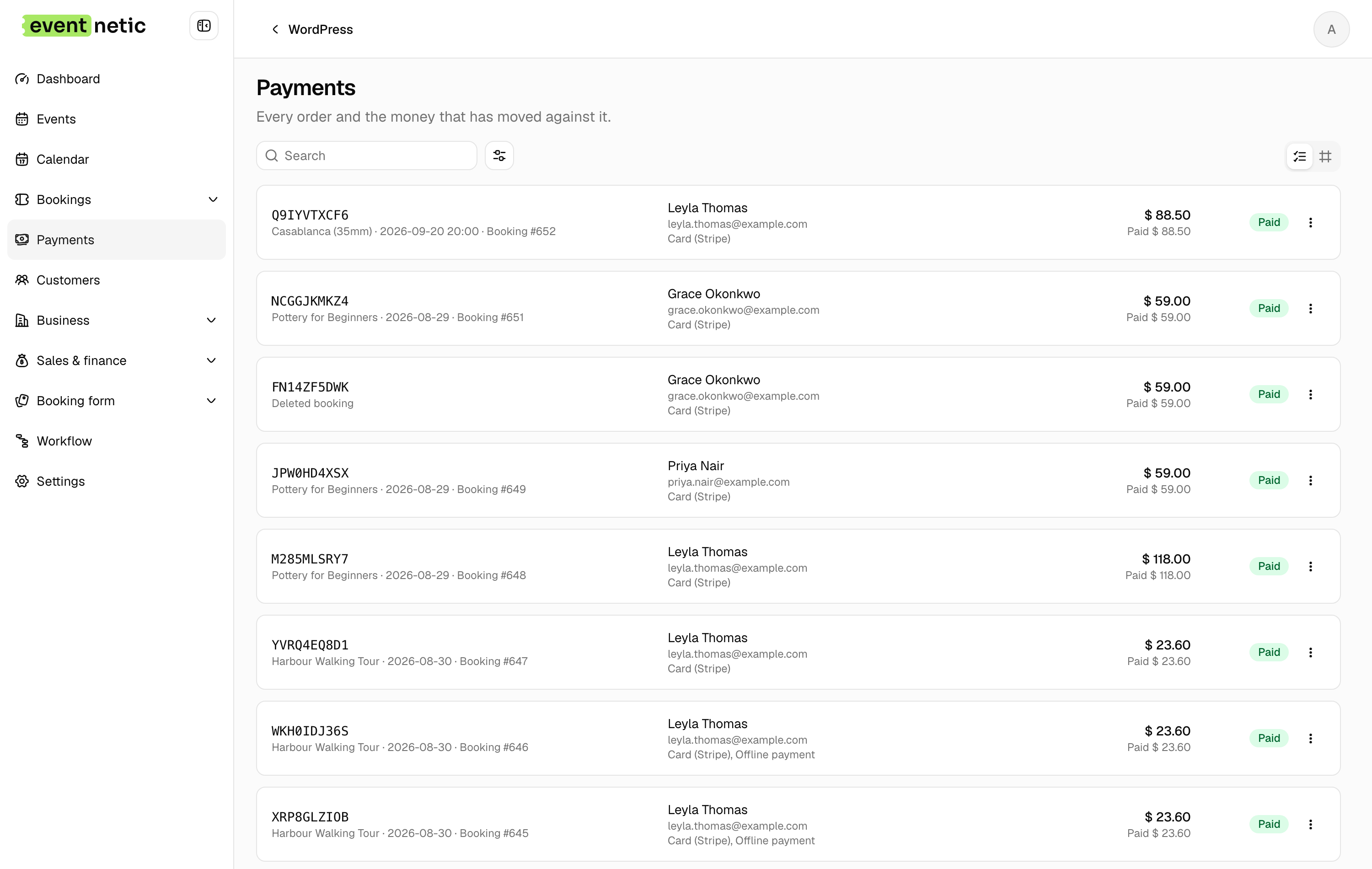 The payments list