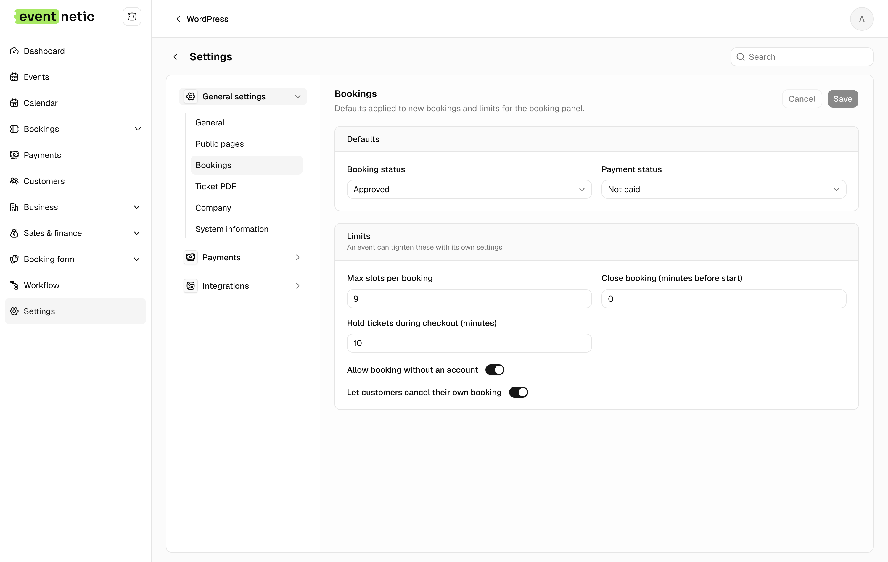 Booking settings