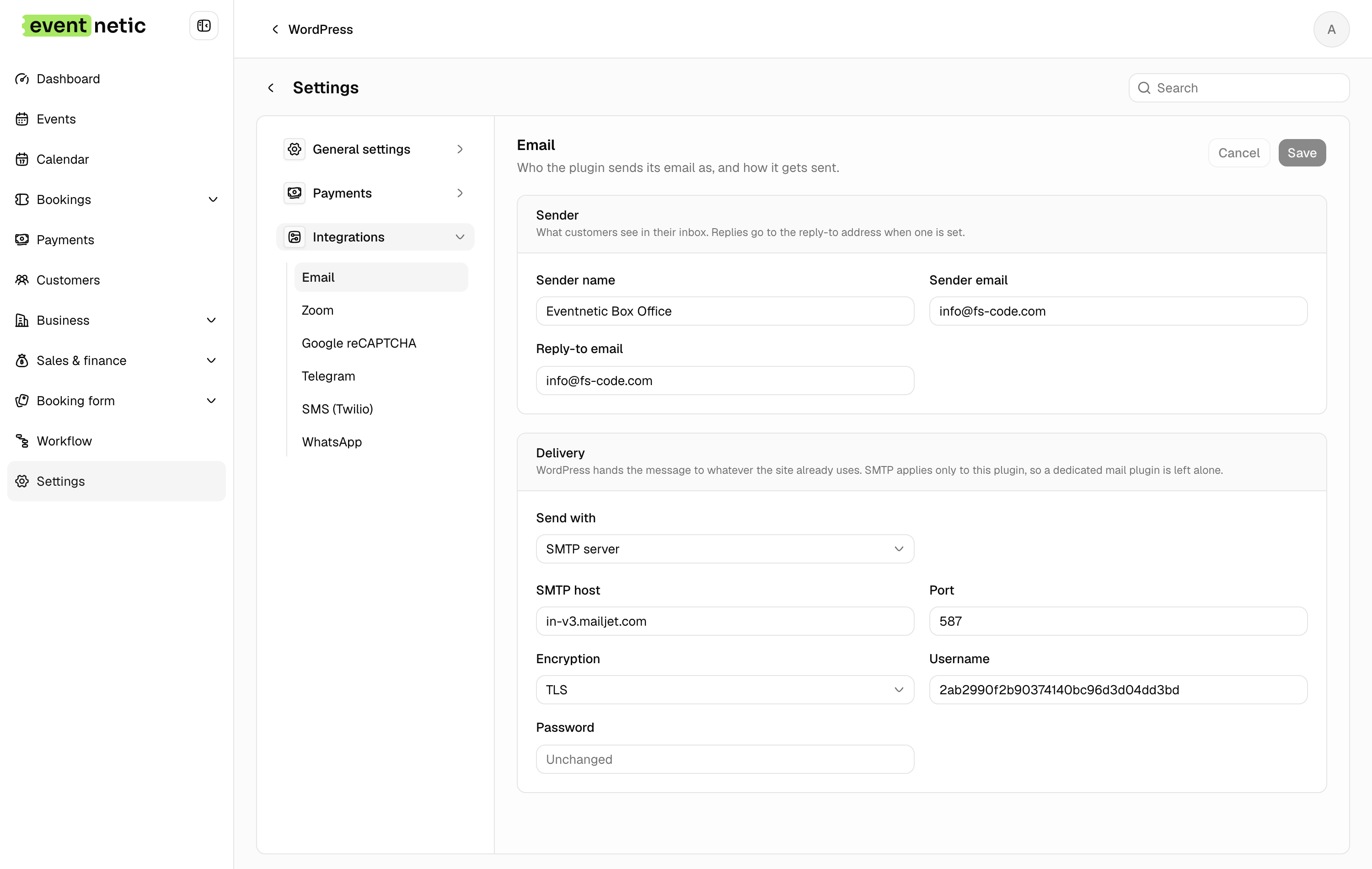 Email in the Eventnetic admin