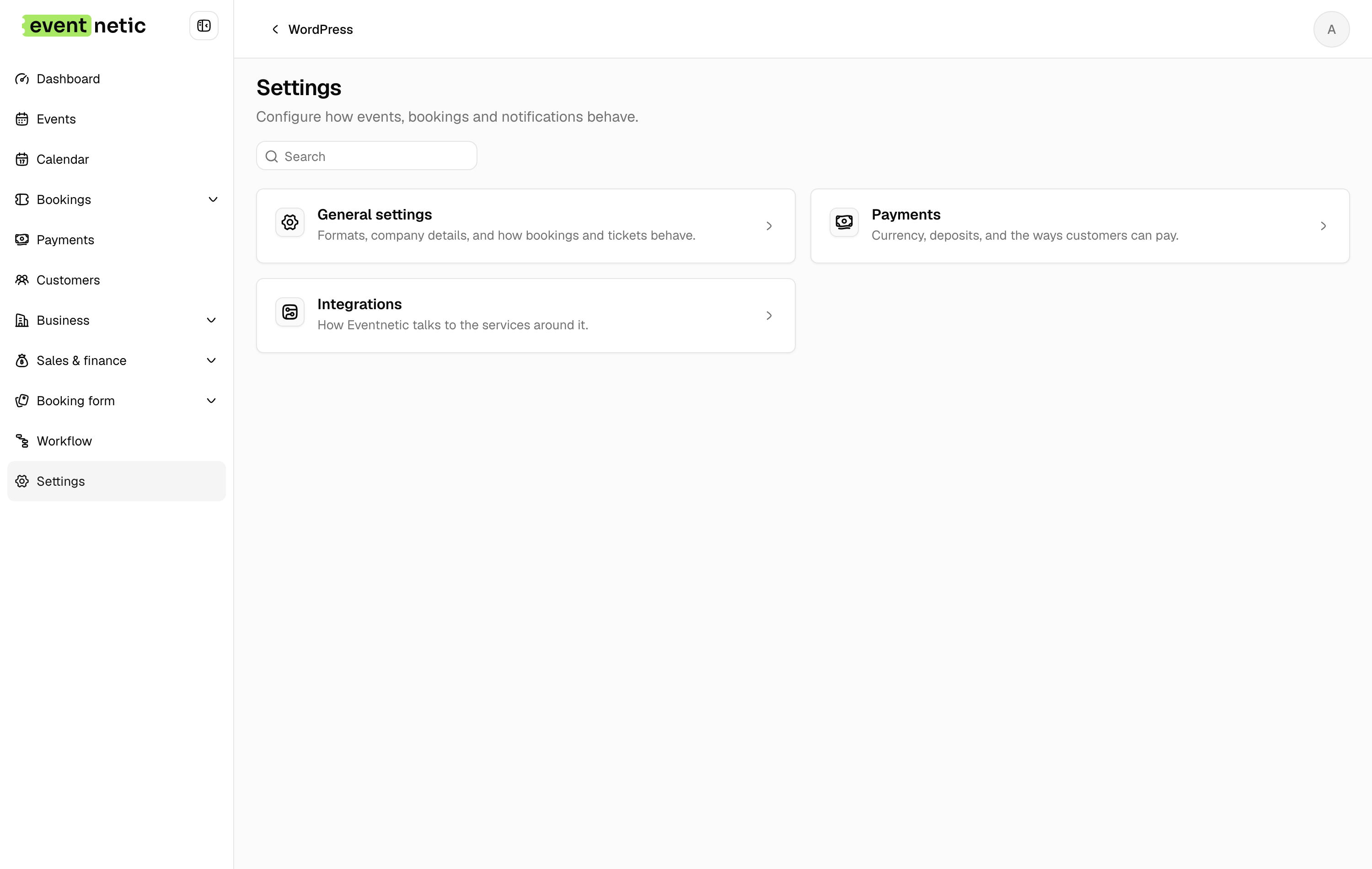 The settings overview