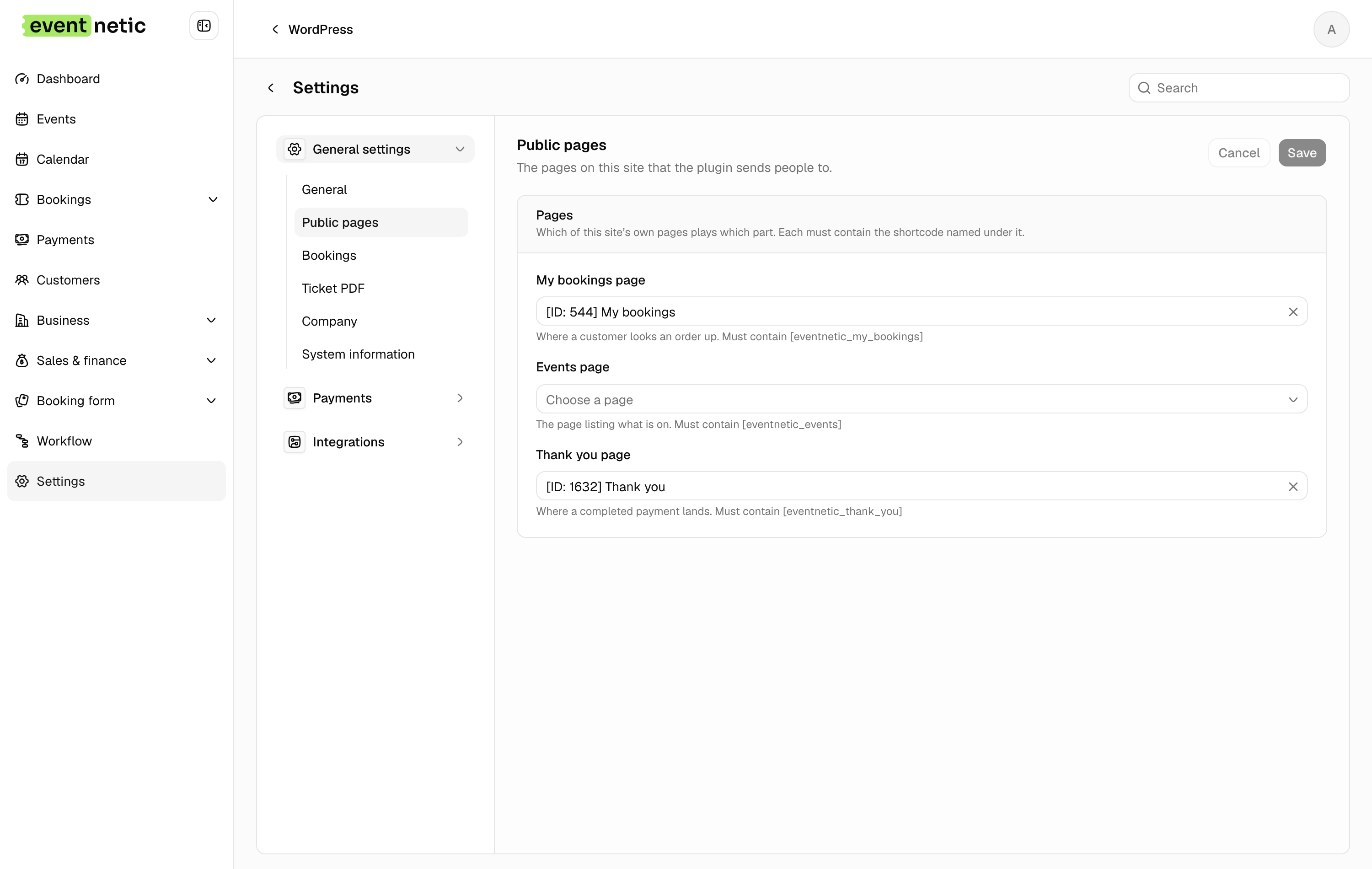 Booking shortcodes in the Eventnetic admin
