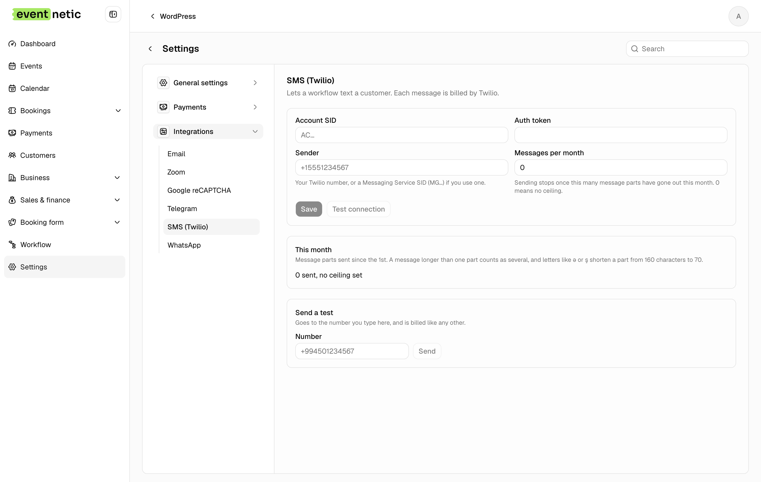 SMS in the Eventnetic admin