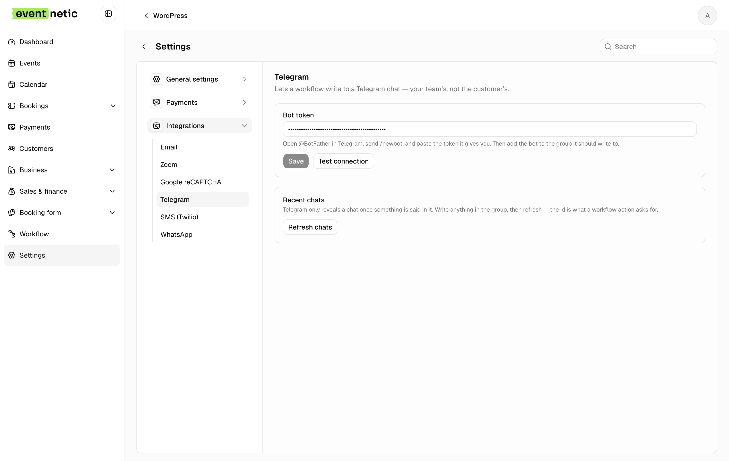 Telegram in the Eventnetic admin