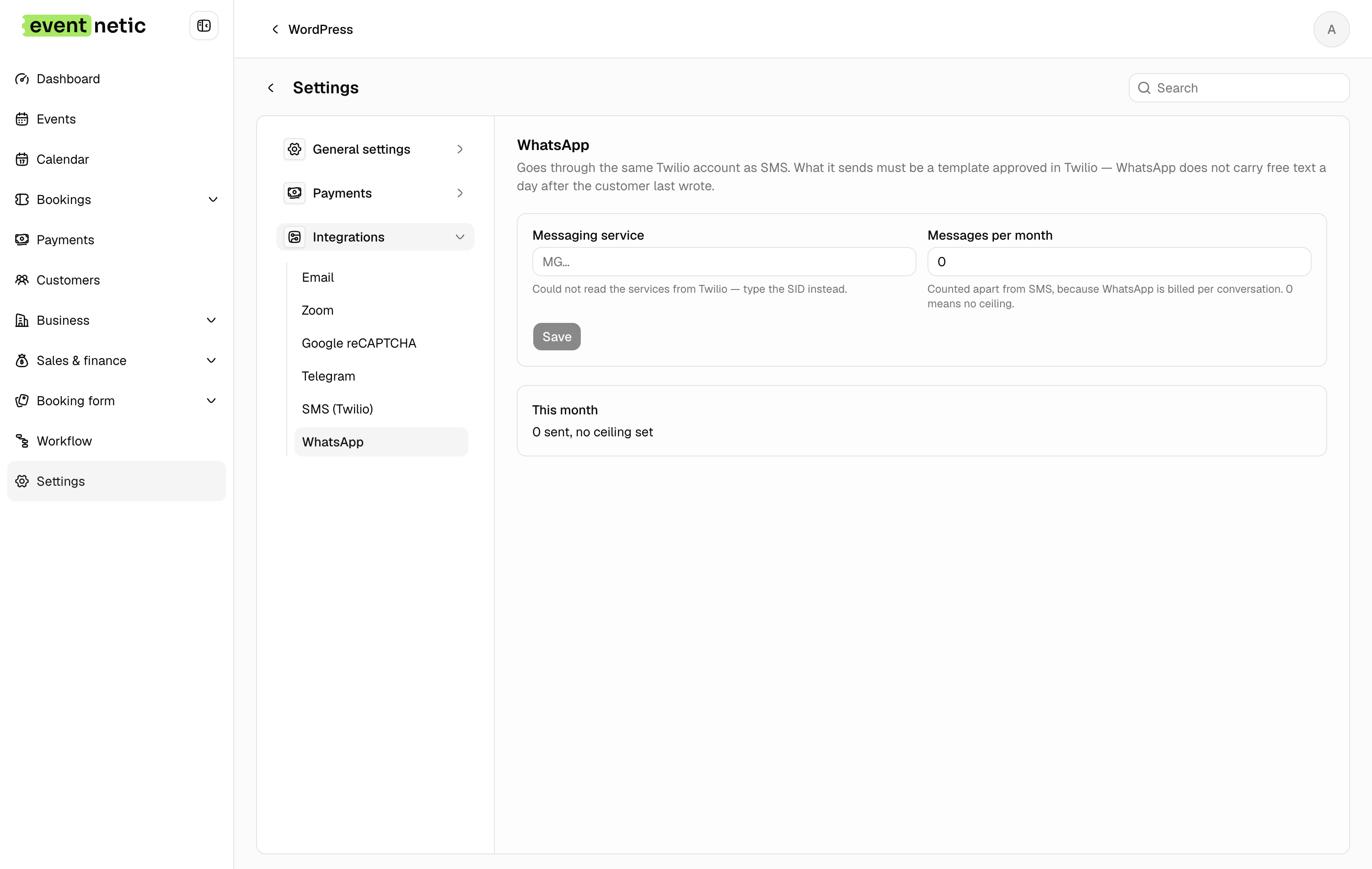 WhatsApp in the Eventnetic admin