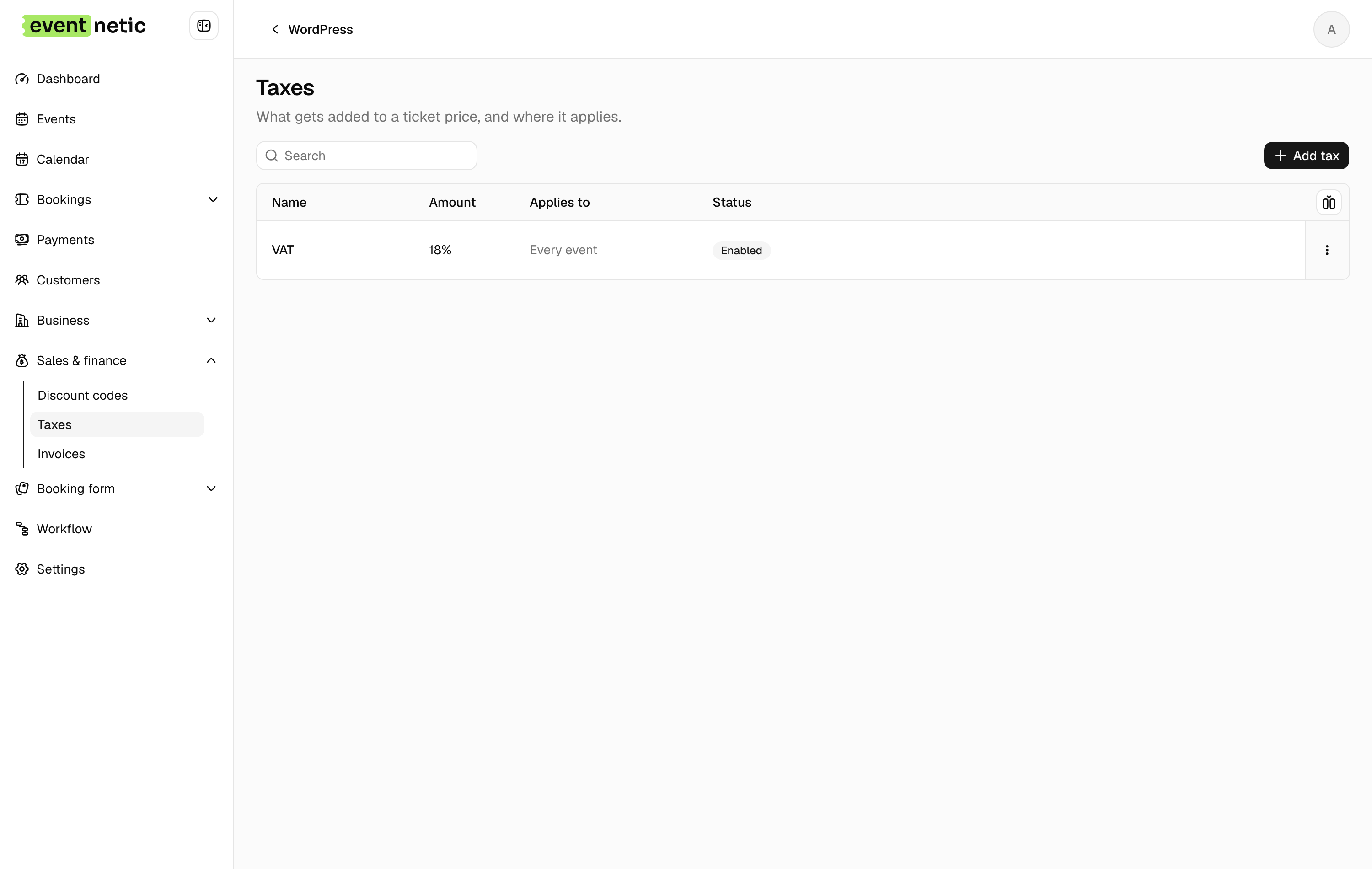Taxes in the Eventnetic admin