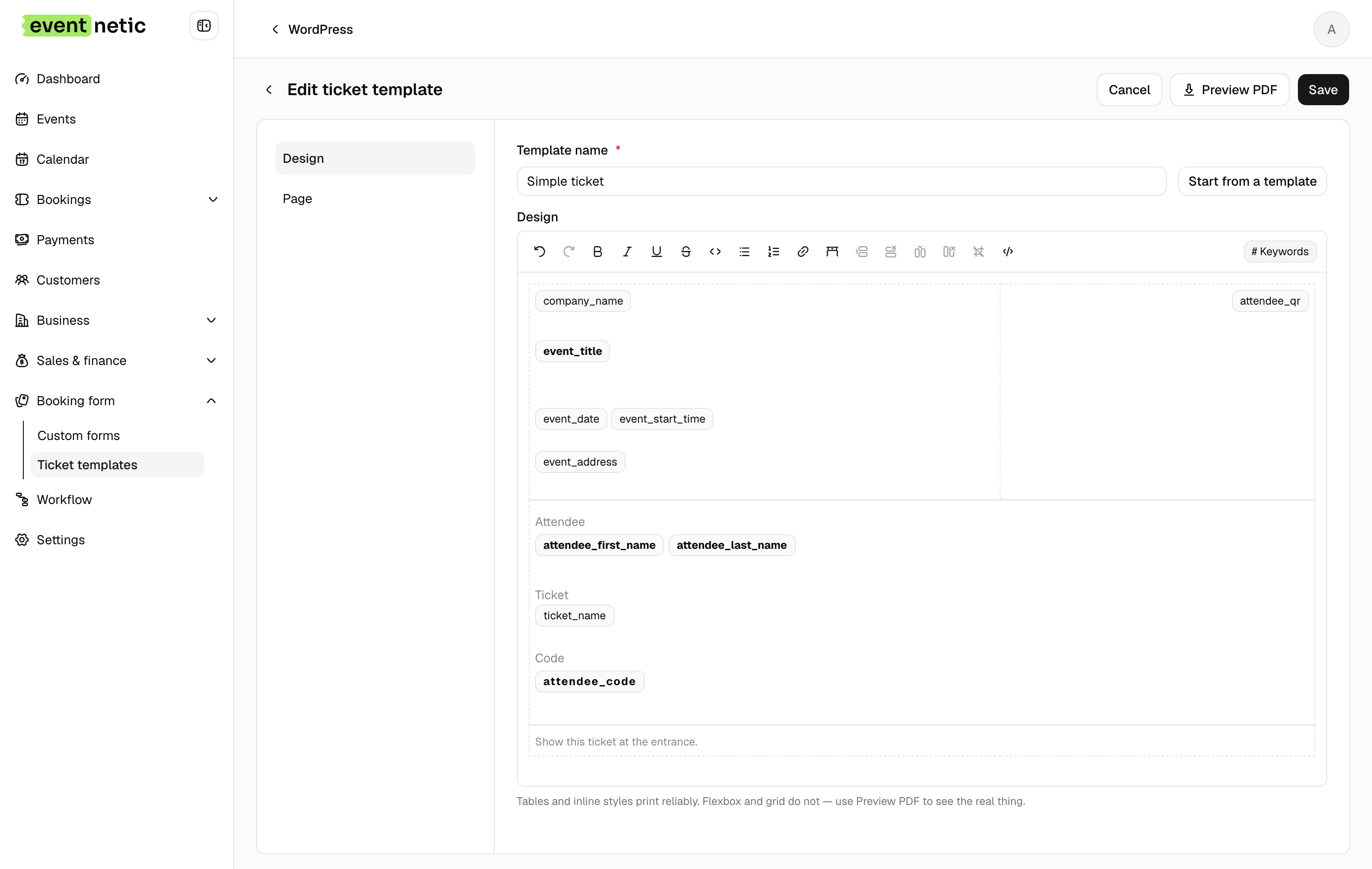The ticket template editor