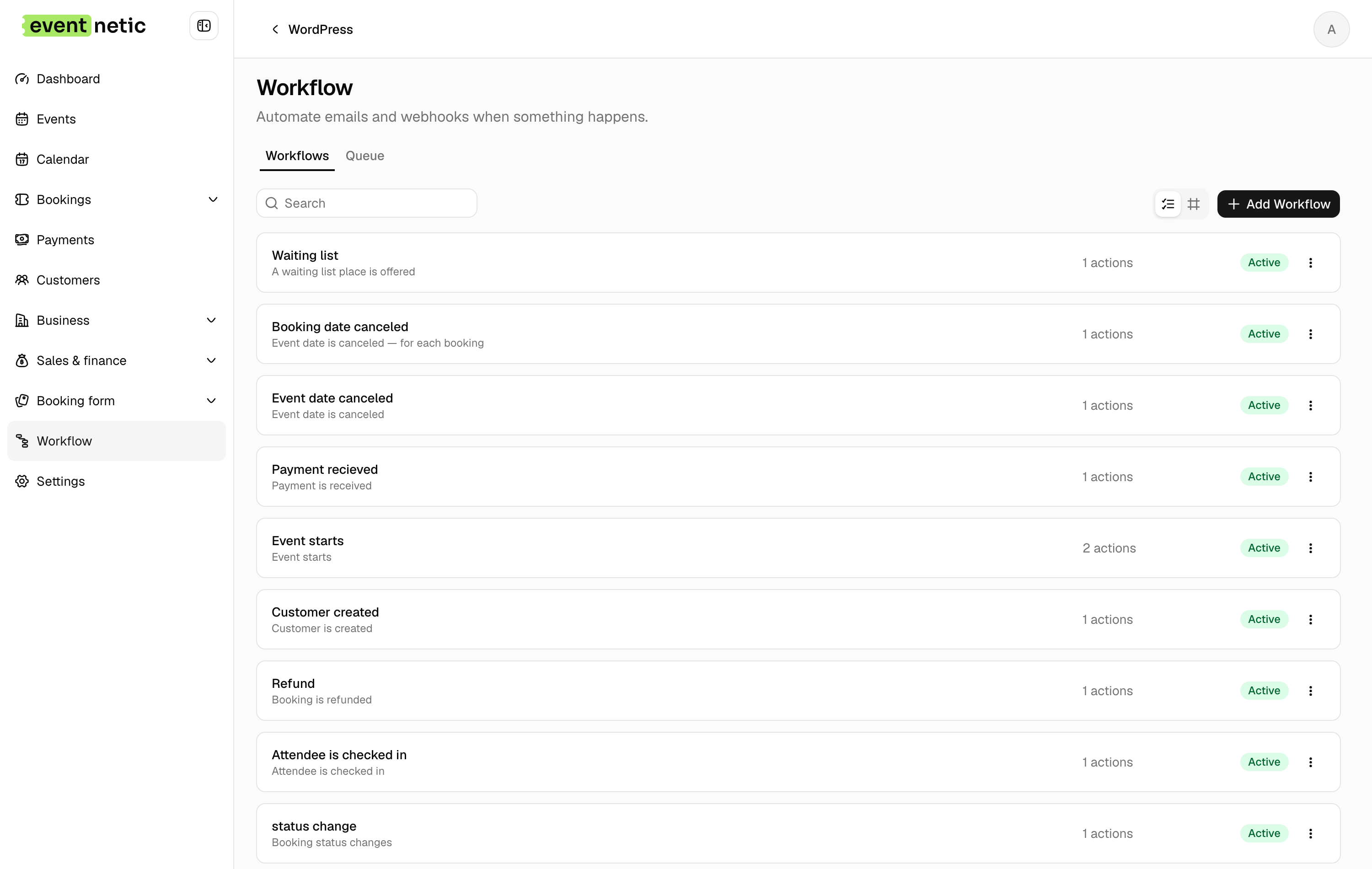 The workflow list